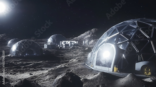 Futuristic moon colony with advanced technology and space exploration in a lunar landscape, featuring dome structures and rugged terrain. Asteroid Mining Station. Illustration