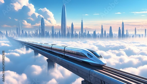 Futuristic cityscape with high-speed trains gliding through a sea of clouds