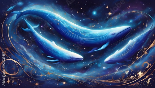 whale and human silhouette beneath a mesmerizing star-filled sky