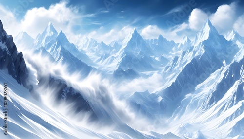 Mystical snowy mountain enveloped in clouds and mist amidst a dramatic avalanche scene