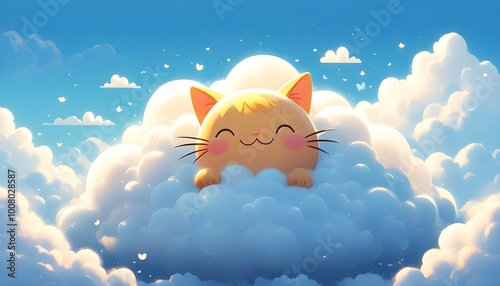 Whimsical feline resting beneath fluffy white clouds