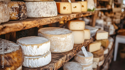 A display of various types of cheese on wooden shelves.