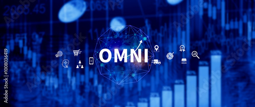 Omni Channel marketing Concept, Digital representation of OMNI CHANNEL marketing, e-commerce, delivery, social media marketing, analytics, customer service engagement.