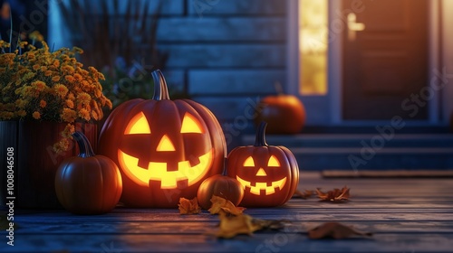 Carved Halloween pumpkins with glowing faces placed on the front porch at night, accompanied by flickering candles near a house in the soft evening light. The scene captures the spooky and festive spi