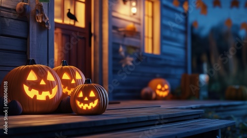 Carved Halloween pumpkins with glowing faces placed on the front porch at night, accompanied by flickering candles near a house in the soft evening light. The scene captures the spooky and festive spi