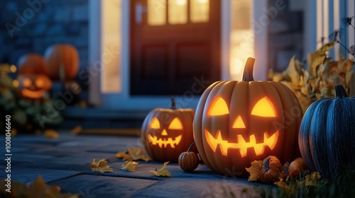 Carved Halloween pumpkins with glowing faces placed on the front porch at night, accompanied by flickering candles near a house in the soft evening light. The scene captures the spooky and festive spi