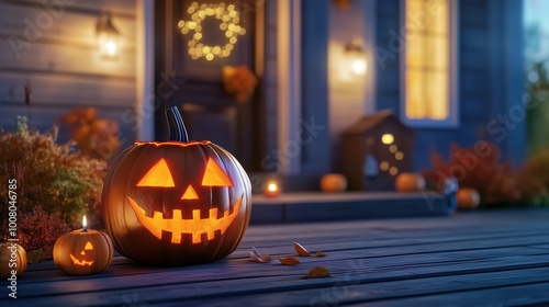 Carved Halloween pumpkins with glowing faces placed on the front porch at night, accompanied by flickering candles near a house in the soft evening light. The scene captures the spooky and festive spi