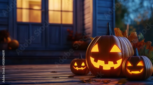 Carved Halloween pumpkins with glowing faces placed on the front porch at night, accompanied by flickering candles near a house in the soft evening light. The scene captures the spooky and festive spi