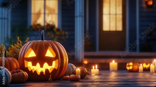 Carved Halloween pumpkins with glowing faces placed on the front porch at night, accompanied by flickering candles near a house in the soft evening light. The scene captures the spooky and festive spi