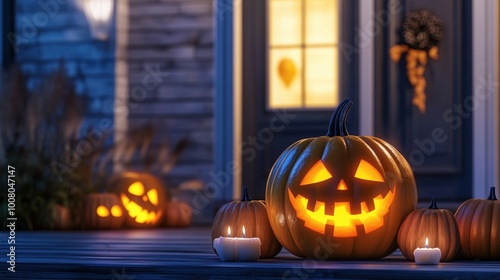 Carved Halloween pumpkins with glowing faces placed on the front porch at night, accompanied by flickering candles near a house in the soft evening light. The scene captures the spooky and festive spi