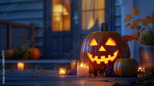 Carved Halloween pumpkins with glowing faces placed on the front porch at night, accompanied by flickering candles near a house in the soft evening light. The scene captures the spooky and festive spi