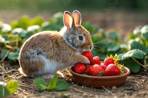 Cute little brown rabbit sitting near a lot of strawberries and eating strawberries