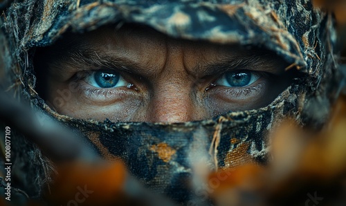 Close-up of a man's intense blue eyes peering from beneath a camouflage hood.