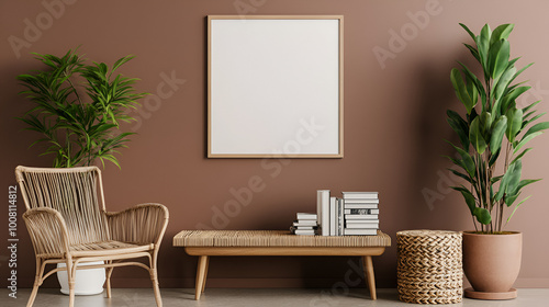 Warm composition of living room interior with mock up poster frame, plants in flowerpots, rattan armchair, wooden bench, books, braided box, brown wall and personal accessories. Home decor. Template.