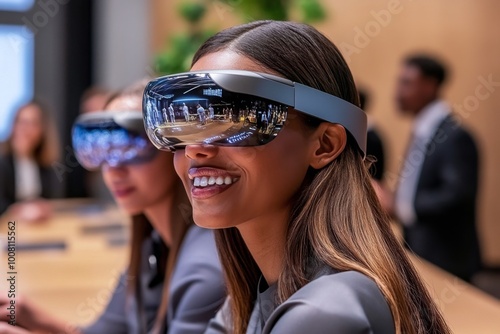 A group of people in a futuristic classroom, learning about yesterdayâ€™s society through immersive holographic simulations, symbolizing the connection between past and future