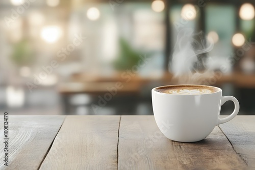 Close-up of a steaming hot cup of freshly brewed coffee resting on a rustic wooden table,with a blurred cafe ambiance in the soft background.