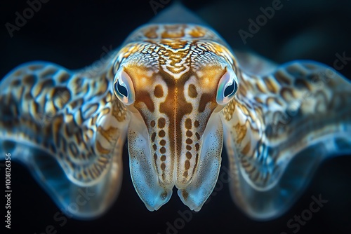 Close-up of a Cuttlefish with Large Eyes and Intricate Skin Patterns.