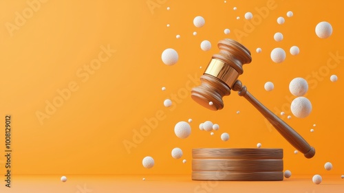 A wooden gavel hovering above a block, with white spheres against a bright orange background, symbolizing justice and legal proceedings.