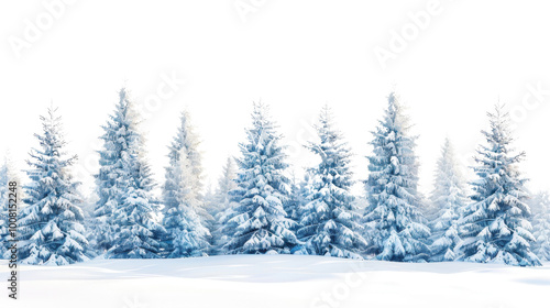 Winter landscape with pine trees covered in snow on white background