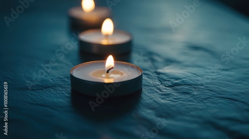 Tranquil ambiance with three lit tealight candles on blue backdrop