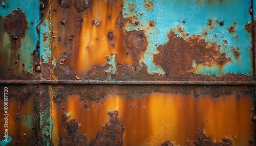 Weathered Steel Plate with Heavy Rust and Corrosion Marks in Shades of Orange, Brown, and Blue. Close-Up of an Aged Metal Surface with Oxidation and Textured Peeling for Industrial Decay Background