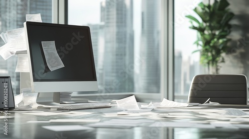 An empty office with scattered papers and a computer showing financial losses.