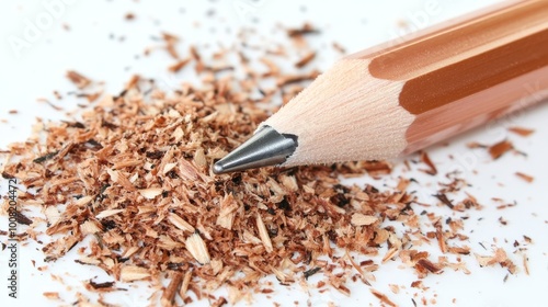 Pencil shavings and sharpener situated beside a newly sharpened pencil on a workspace