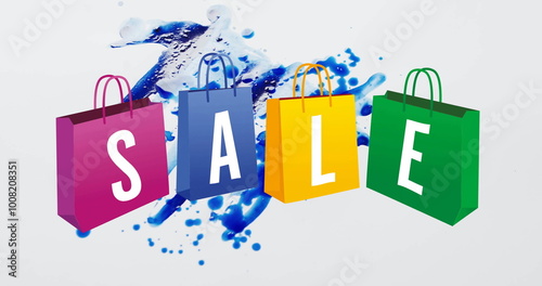 Image of sale text in single letters on coloured shopping bags over blue paint splash