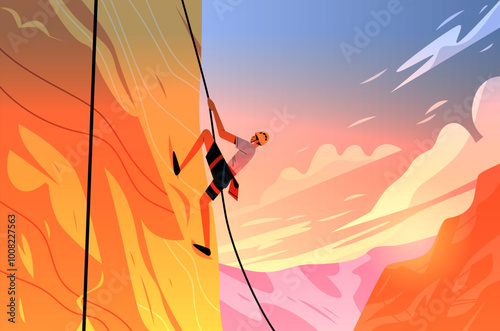 Rock climber scaling cliff sunset vibrant landscape adventure outdoors colorful background sports action scene