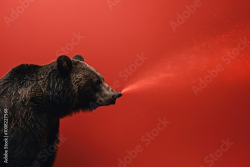 A bear releases a mist of breath against a striking red backdrop during twilight