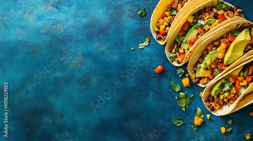 Vibrant vegan tacos filled with avocado, beans, and salsa on a blue surface. Extra space for adding text for advertising purposes.