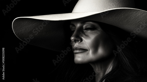 Black and White Portrait of Woman in Large Hat. A striking black and white portrait of a woman wearing a wide-brimmed hat, showcasing elegance, mystery, and timeless beauty through dramatic lighting.