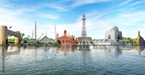 Pakistan day 14 August 1947 banner and poster with Pakistan Monuments minar e Pakistan, Faysal Mosque, Quaid Tom