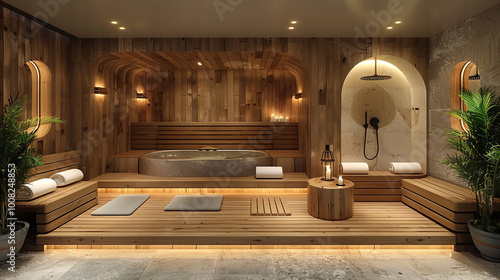 Modern spa room with wooden walls and floor featuring a round bathtub, a sauna, a shower, candles and plants, creating a peaceful and relaxing atmosphere