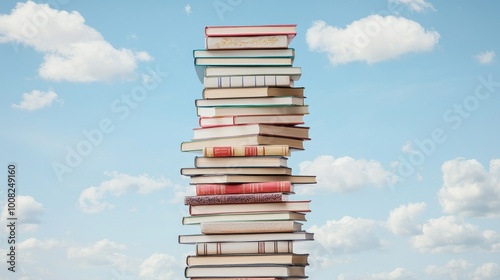 Stack of books against a blue sky with clouds, showcasing knowledge and leisure.