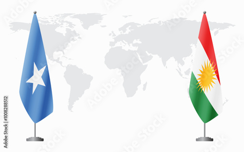 Somalia and Kurdistan flags for official meeting against background of world map.