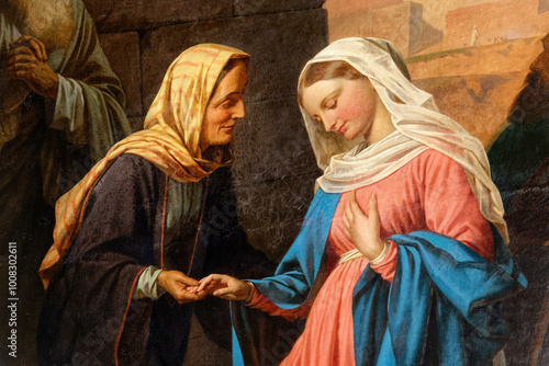 Painting (19th century) of Visitation of the Virgin Mary to her pregnant cousin Elizabeth. .