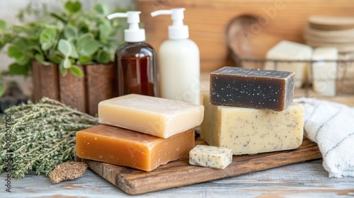 Natural handmade soaps organic skincare products on wooden background