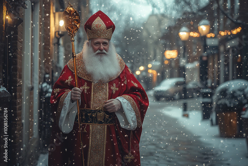 Saint Nicholas in Traditional Costume on Snowy European Street 