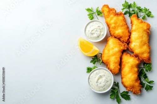 Crispy golden fried fish with lemon tartar sauce on white background