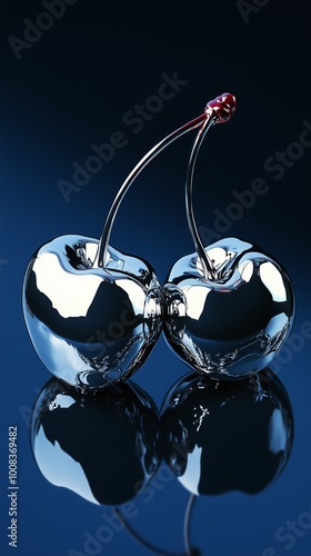 Two metallic cherries connected by stems on a reflective surface, highlighting modern design and artistic aesthetics.