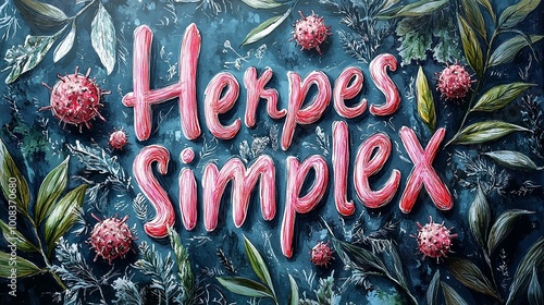 Herpes simplex text illustration with floral and virus elements