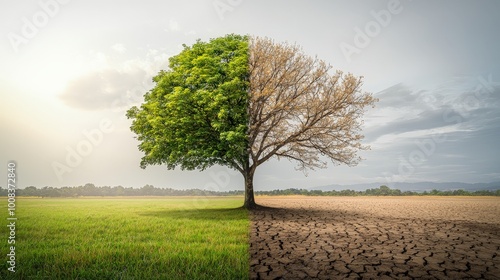 Tree divided into two parts, one with green leaves on a grassy field and the other with dry and leafless branches on a dry ground as a symbol of the danger of climate change.