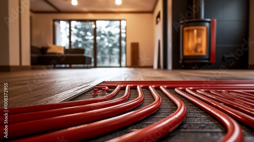 Underfloor heating system installation in a modern house.