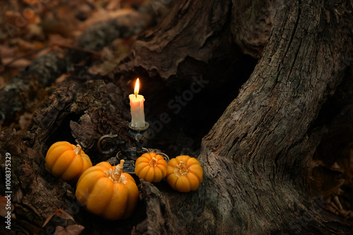 decorative pumpkins and candle in autumn forest, abstract nature backdrop. Autumn background. Witchcraft. Magic. esoteric spiritual ritual for mabon, halloween, samhain sabbat. soft focus