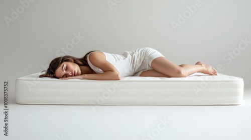 Woman sleeping on white mattress, side view, white background. Young female resting on a plush mattress against a white backdrop.