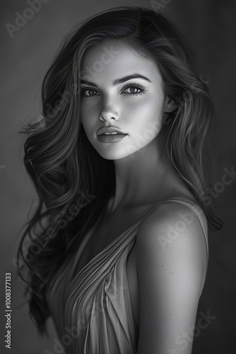 Monochrome close-up portrait of a young woman with long hair and striking features, exuding elegance and confidence.