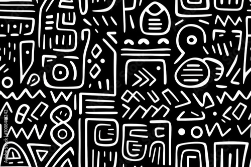 black and white seamless tribal pattern, geometric african ethnic doodle design