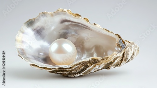 A beautiful natural pearl revealed in an open oyster shell, shimmering against the soft mother-of-pearl interior and white backdrop.