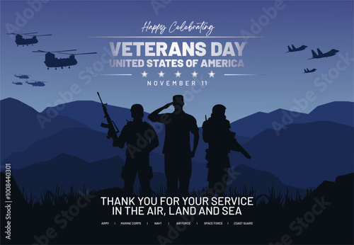 Happy veterans day 11th November 2024 banner. Veteran's day illustration with us army silhouette, helicopter and the beautiful valley background. Vector illustration